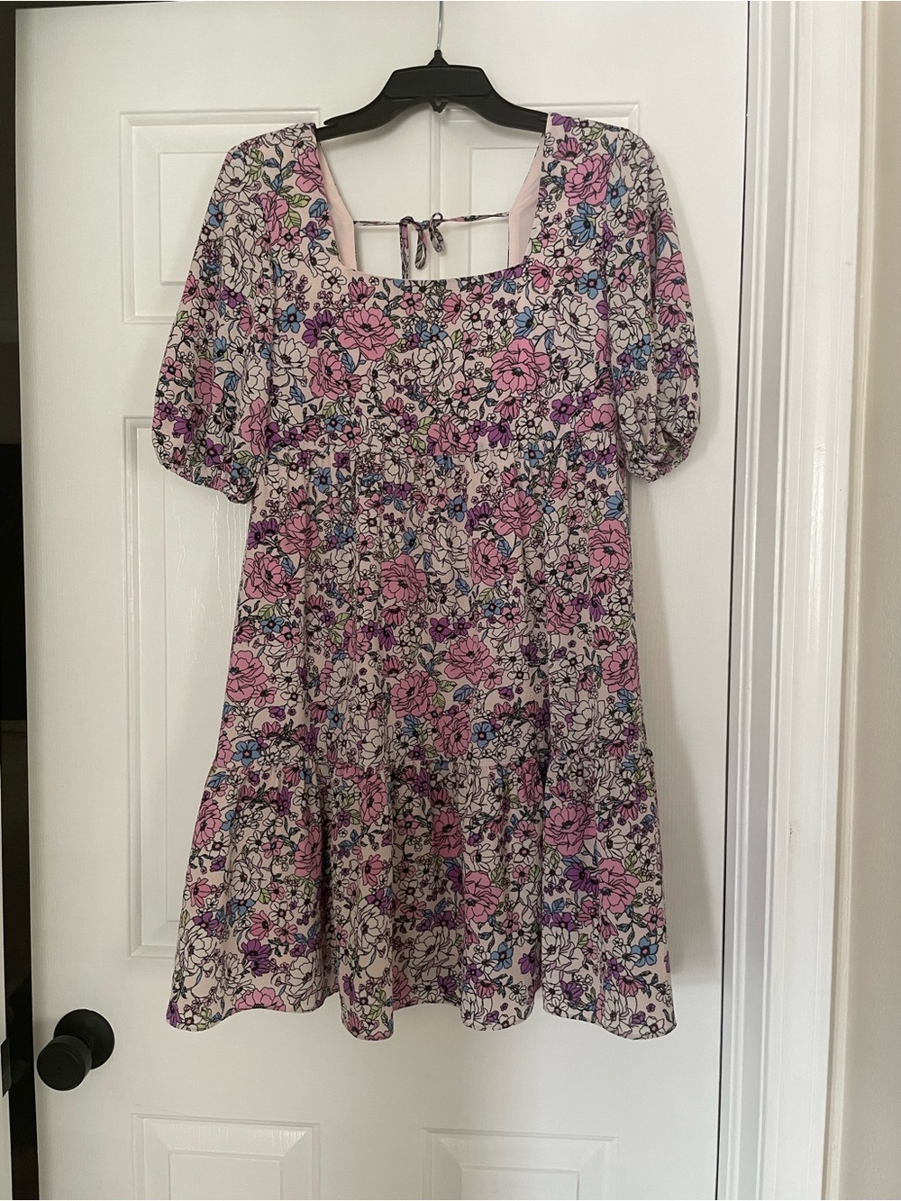 BCBGeneration Pink Floral Square-Neck Puff Sleeve Dress